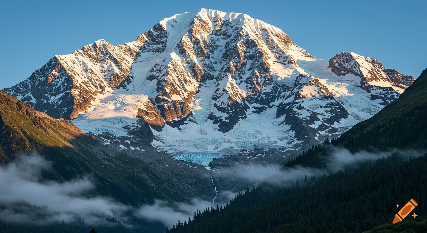 Photorealistic view of a majestic snow-capped mountain with glaciers and a waterfall flowing into a dark pine forest shrouded in mist.
