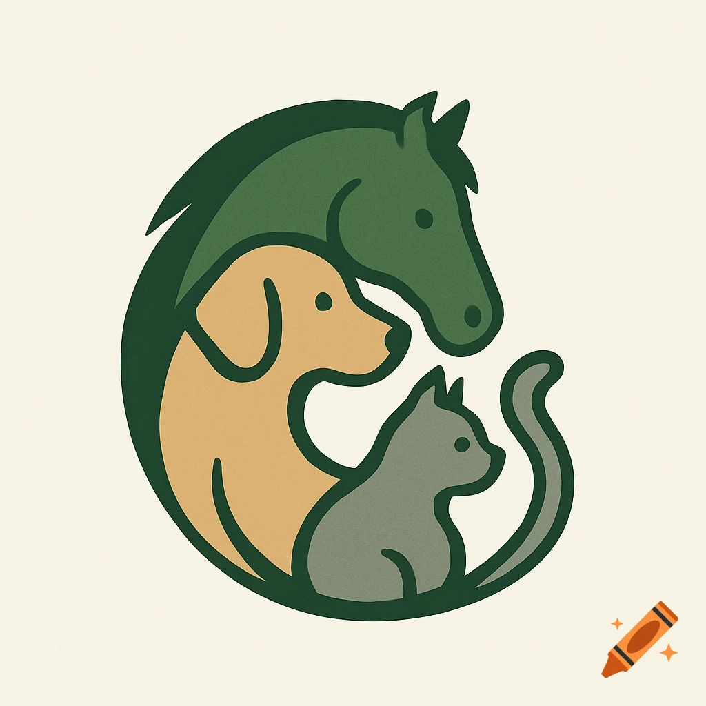 A stylized logo featuring a dark green horse, a light brown dog, and a grey cat intertwined in a circular shape.