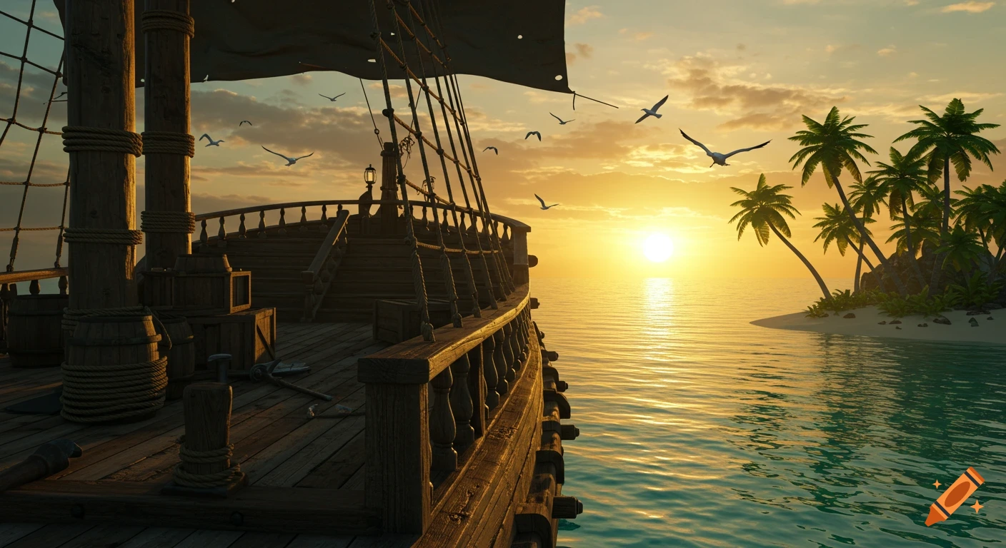 A photorealistic view from a pirate ship deck at sunset, overlooking a tropical island with palm trees and seagulls flying over a calm turquoise ocean.