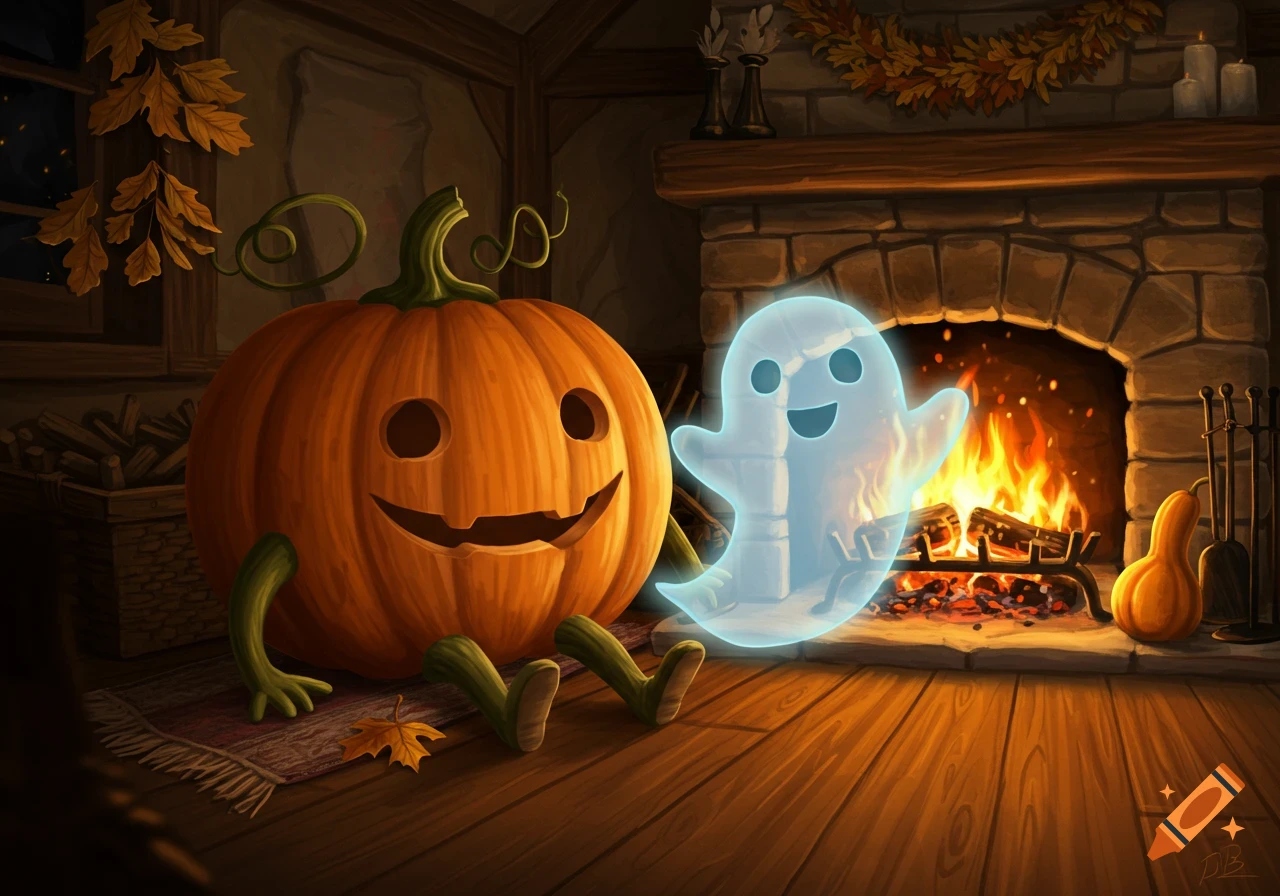 A friendly jack-o'-lantern pumpkin with arms and legs sits beside a glowing cartoon ghost in front of a warm fireplace decorated with autumn leaves.
