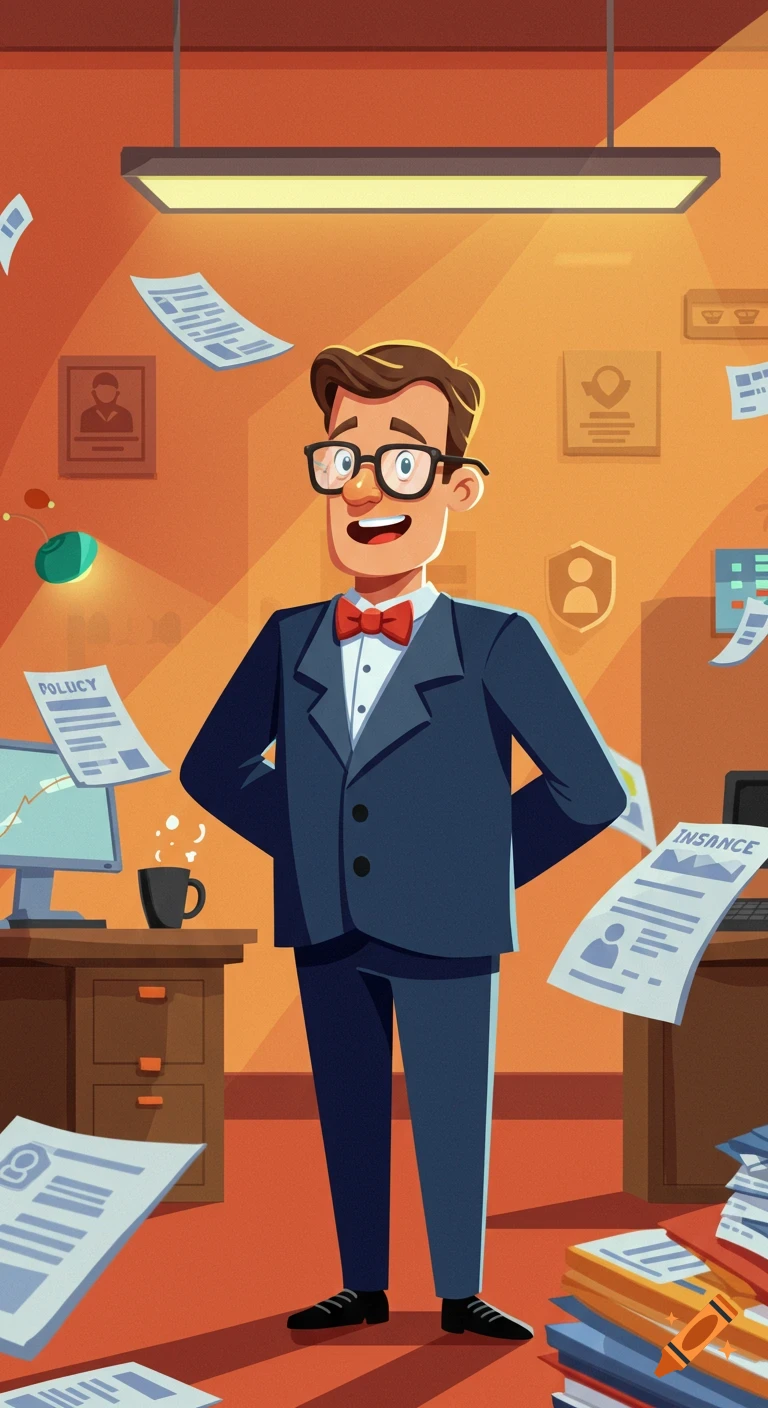 A smiling cartoon man in a suit and bow tie stands in a messy office with papers flying around.