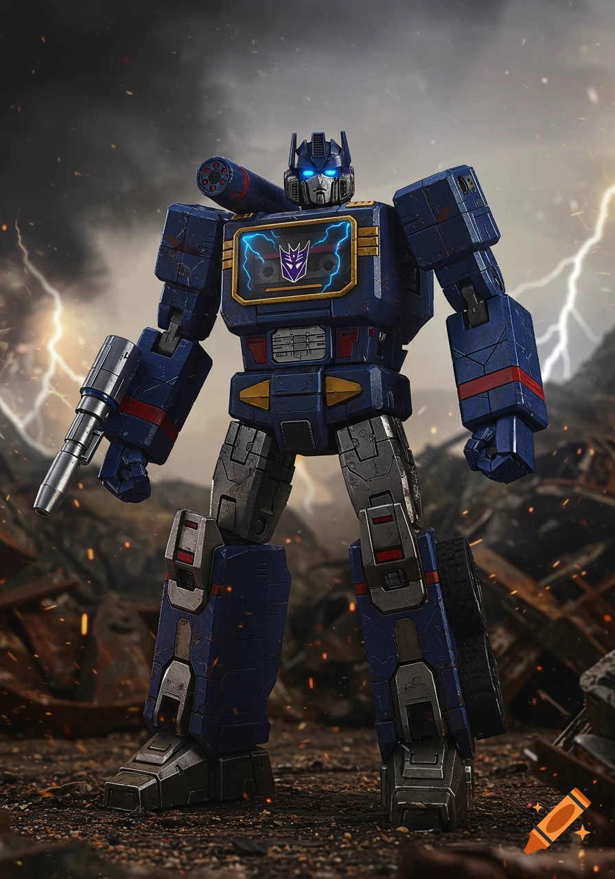 Soundwave, a blue and gray Transformers robot, stands holding a blaster in a stormy, war-torn landscape with lightning.