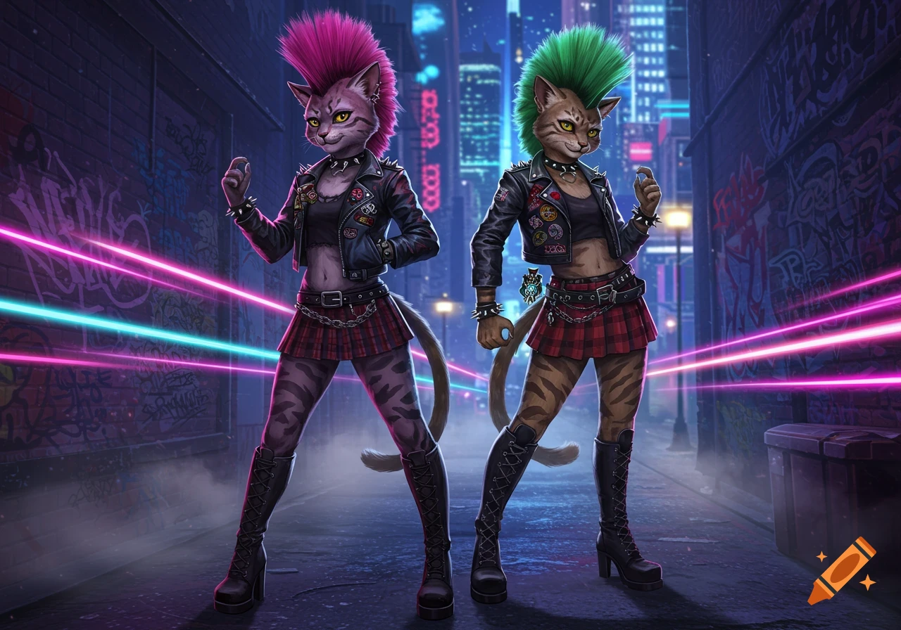 Two anthropomorphic punk cat-girls with mohawks pose in a neon-lit city alley with graffiti.