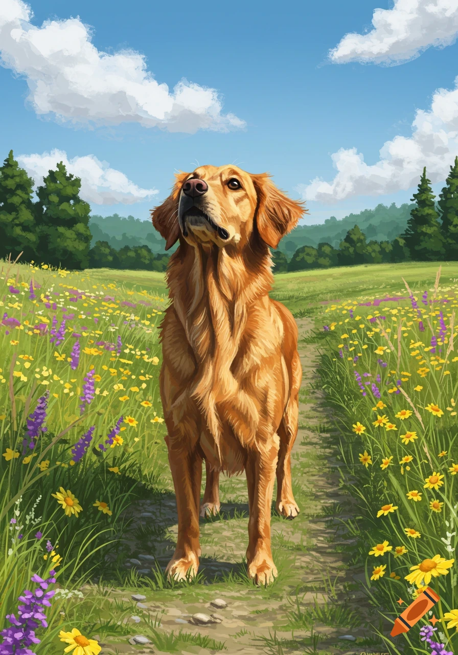 A Golden Retriever stands on a dirt path in a vibrant field of yellow and purple wildflowers under a blue sky, in a digital painting style.