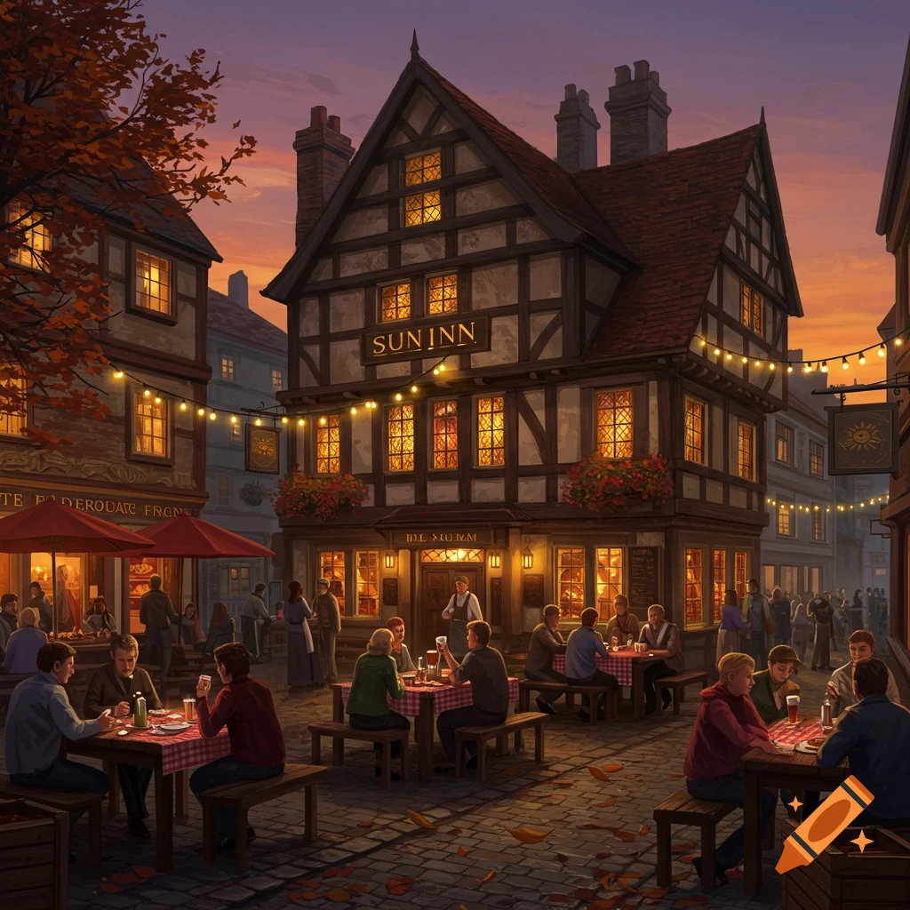 An evening illustration of a bustling European-style town square with people dining outdoors at an inn called 'SUN INN' under string lights.