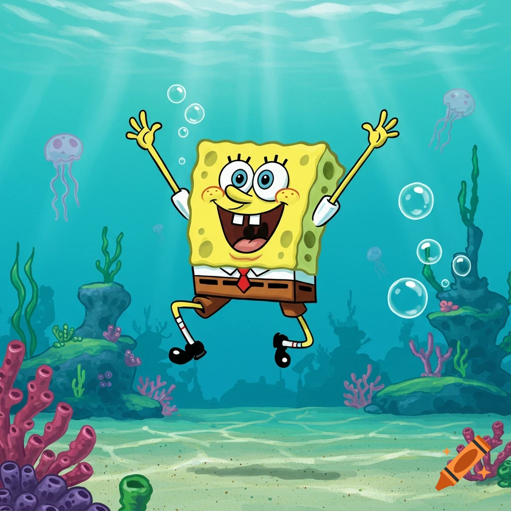 Spongebob Squarepants jumps happily underwater, surrounded by coral, plants, and jellyfish with sunbeams.