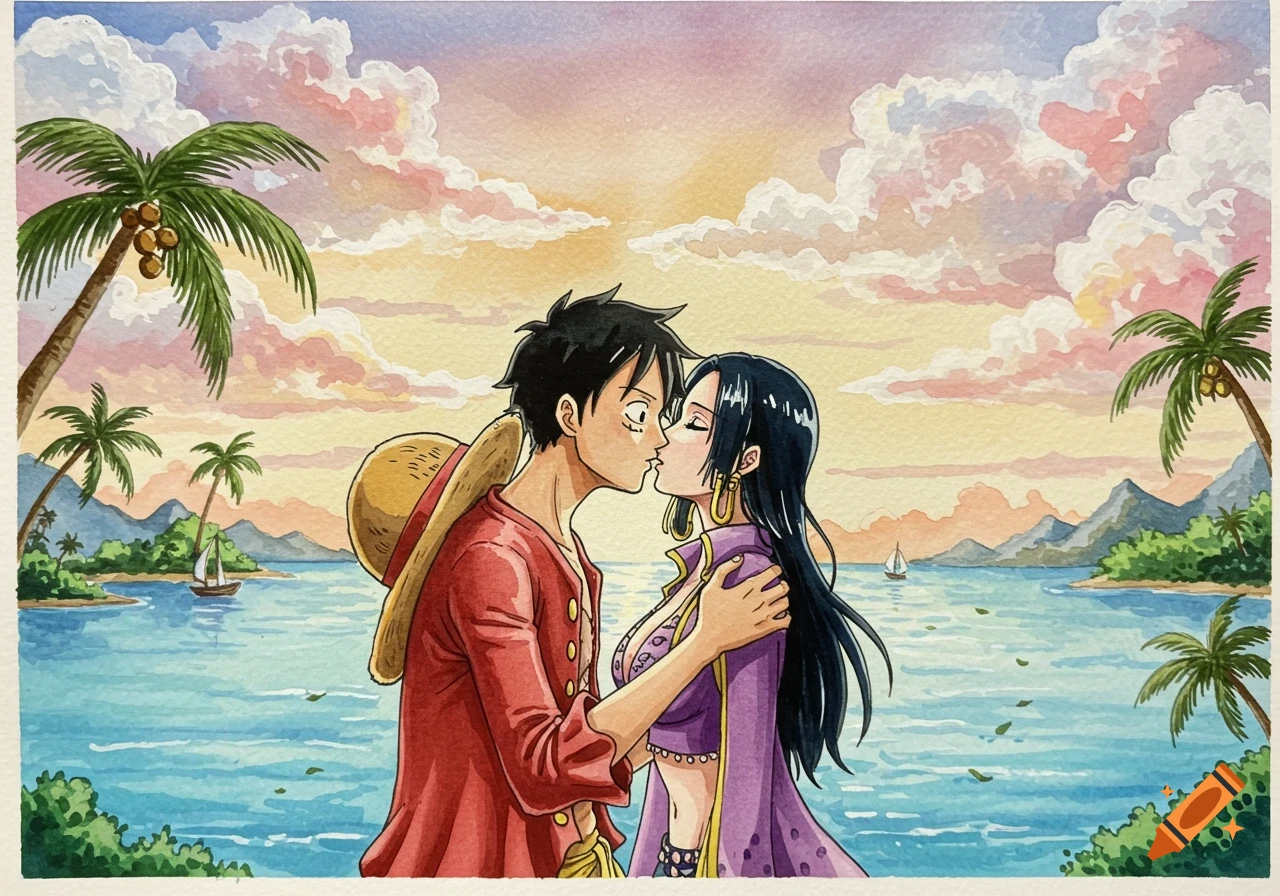 Anime characters Luffy and Hancock kissing on a tropical beach at sunset, in a watercolor painting style.