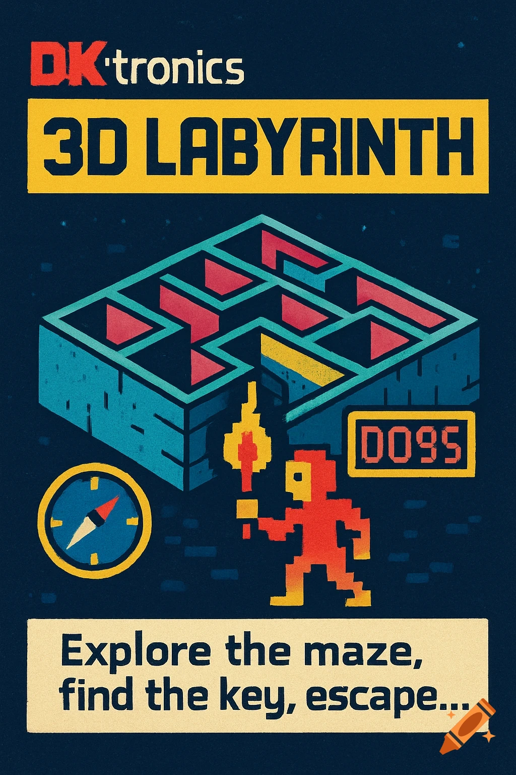 Retro pixel art game cover for "3D LABYRINTH" by DK'tronics, featuring an isometric maze, a pixel character with a torch, a compass, and text "Explore the maze, find the key, escape..."