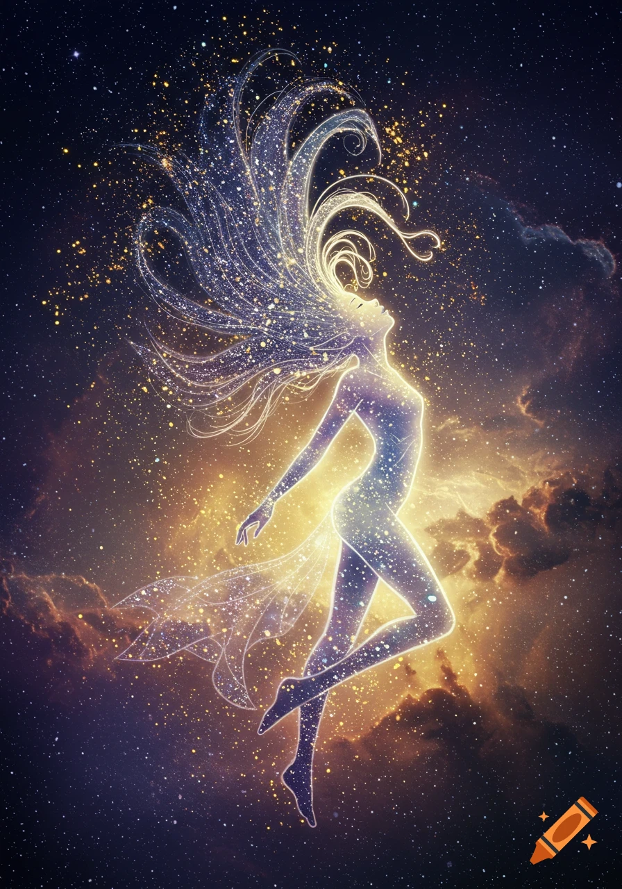 A stylized, glowing ethereal figure with flowing, starlit hair floats upward in a cosmic starry sky with nebulae.
