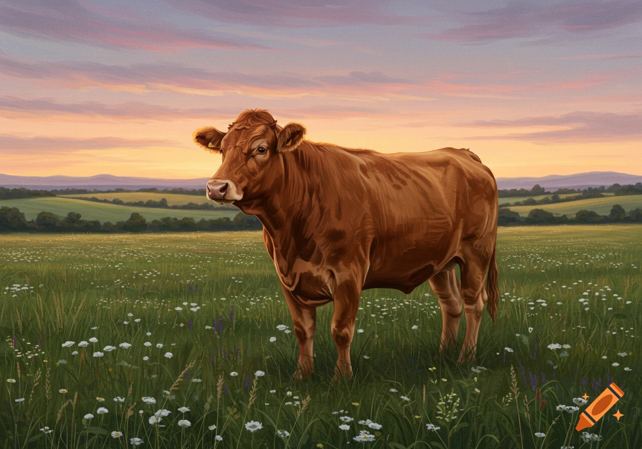 A brown cow stands in a green field filled with wildflowers under a colorful sunset sky.