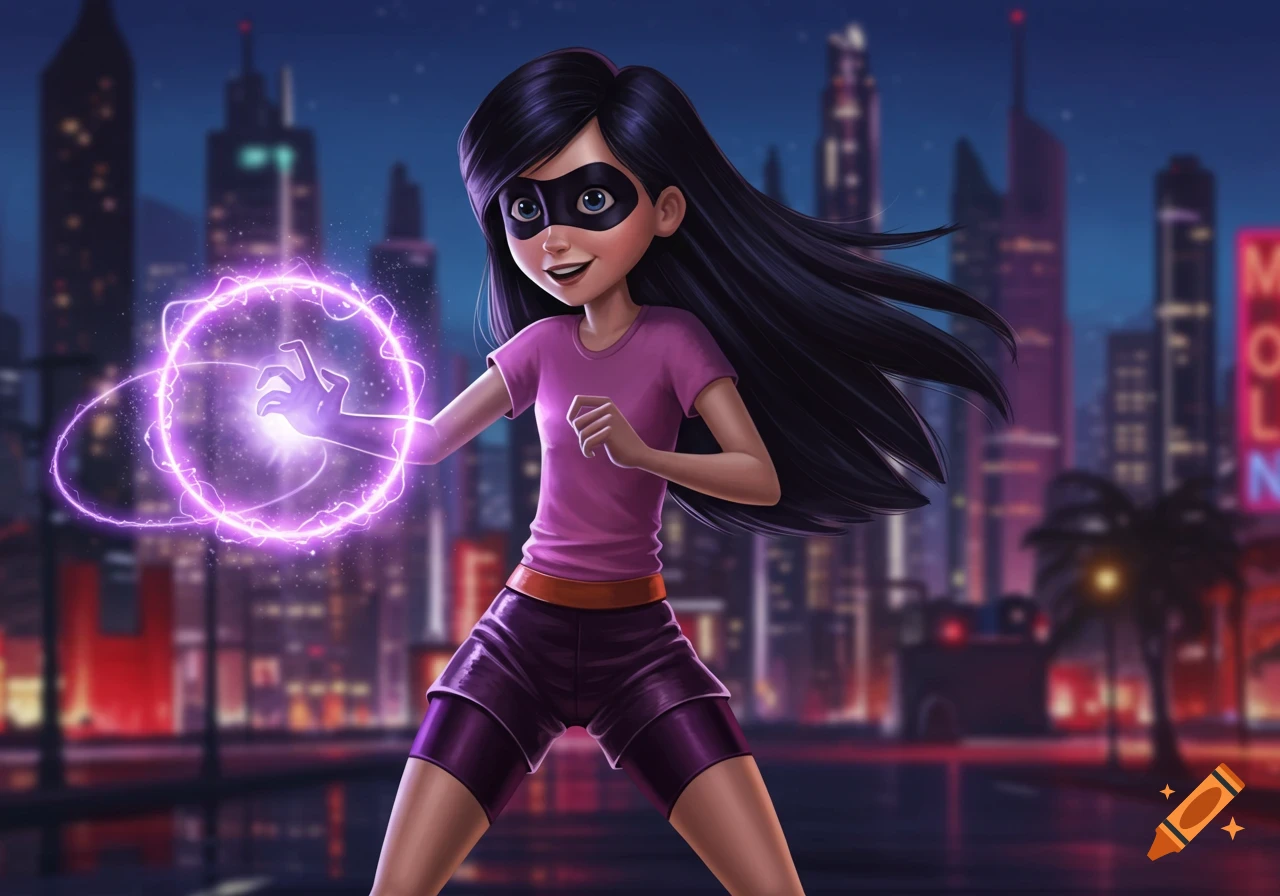 Violet from The Incredibles in a city, wearing a pink t-shirt and purple shorts, generating purple energy with her hand.