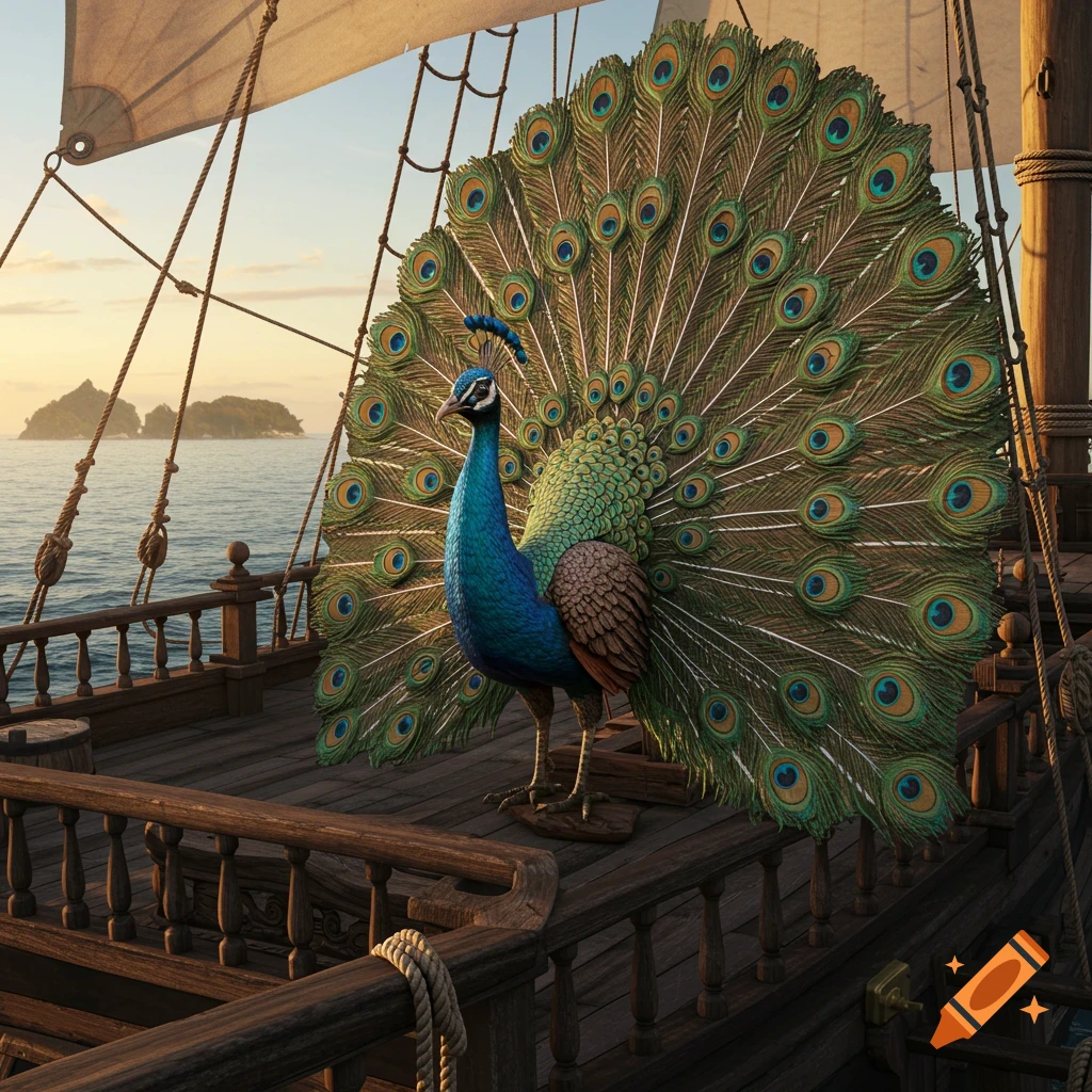A vibrant peacock stands on the wooden deck of a pirate ship at sea, with islands in the distance at sunset.