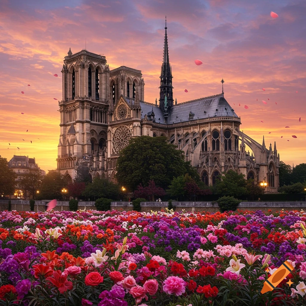 Notre Dame Cathedral in Paris at sunset, with a vibrant field of colorful flowers and falling rose petals. Painting style.
