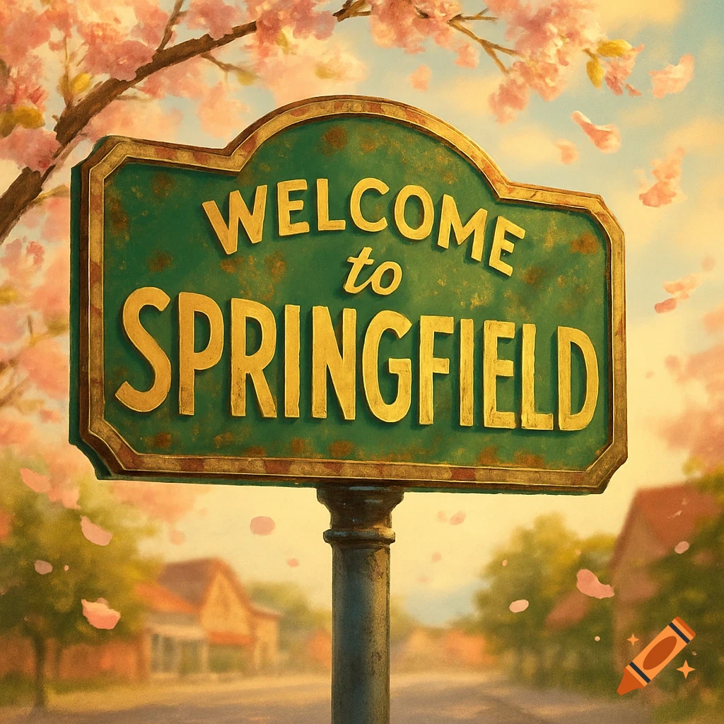 Green 'Welcome to Springfield' sign under pink cherry blossoms with a blurred street and buildings.