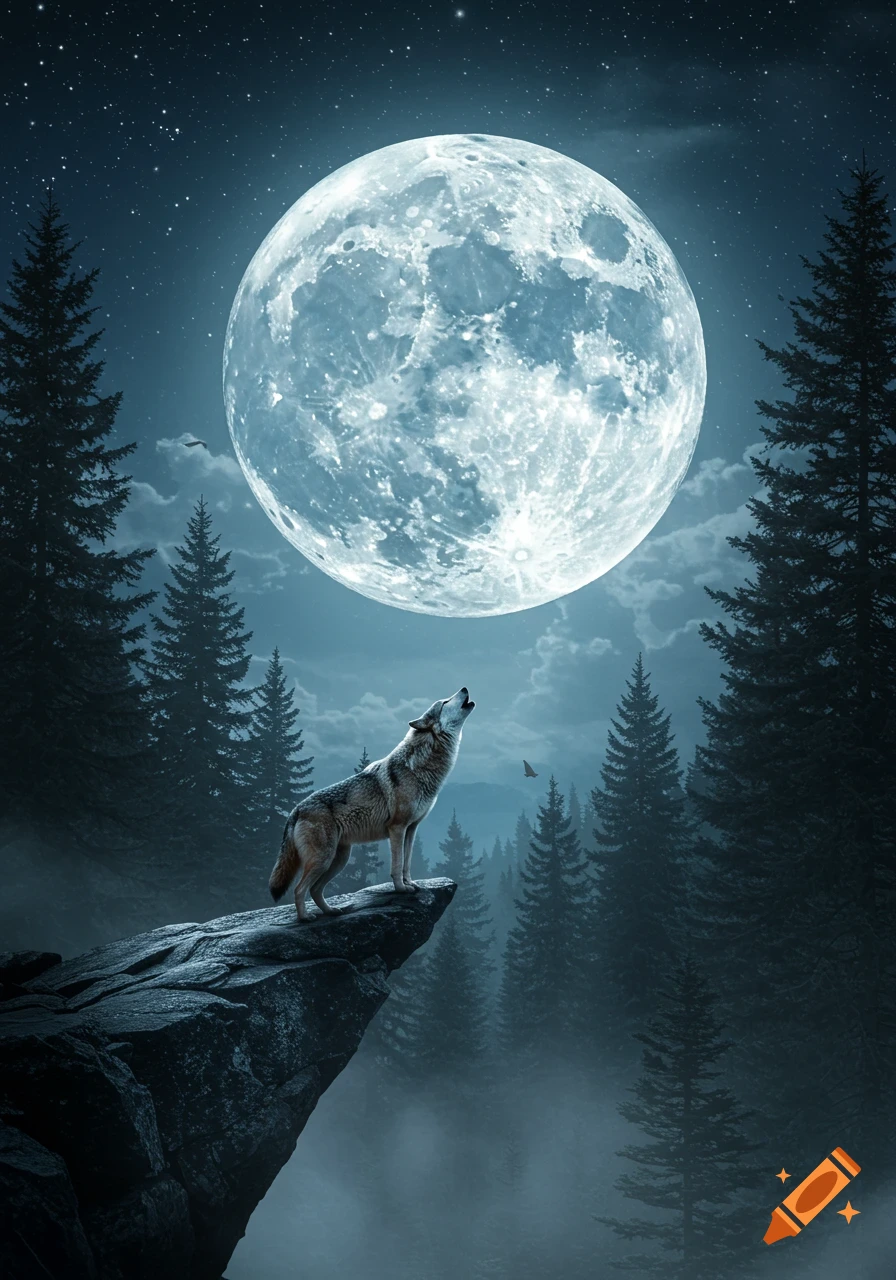 A majestic wolf howls at a giant, luminous full moon from a rocky cliff in a dark, misty pine forest, painted style.