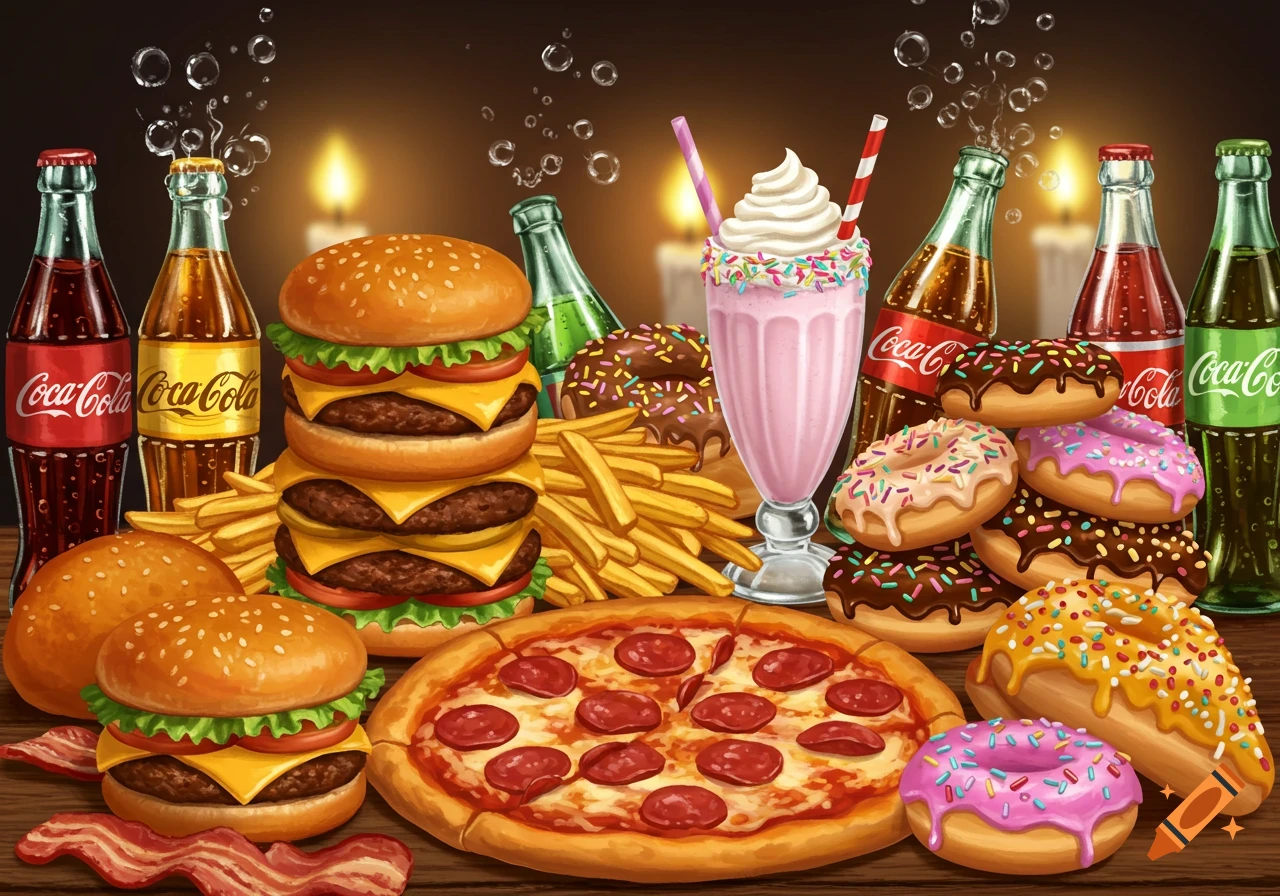 A vibrant illustration of an abundant spread of fast food items including burgers, fries, pizza, donuts, milkshakes, and soda bottles.