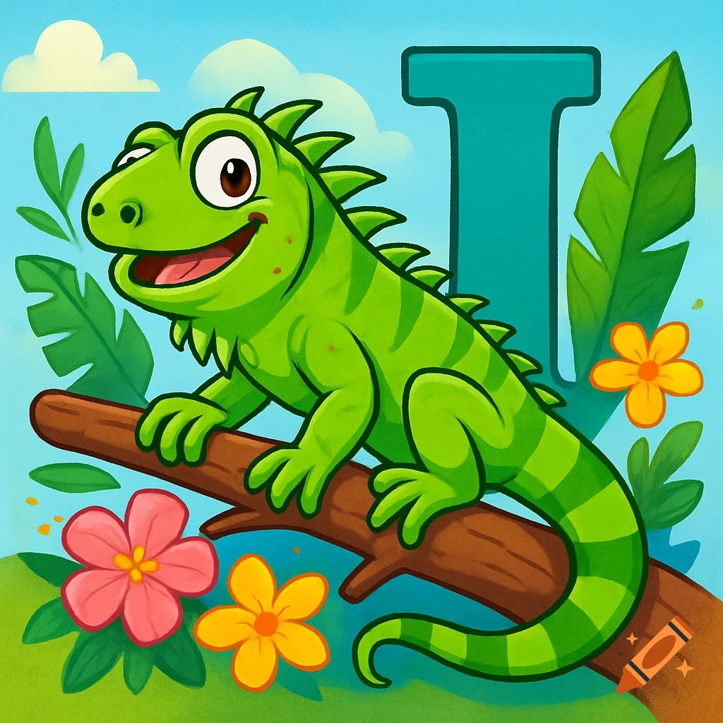 A bright green cartoon iguana smiles on a branch with a large teal letter 'I' behind it, surrounded by tropical leaves and flowers, cartoon style.