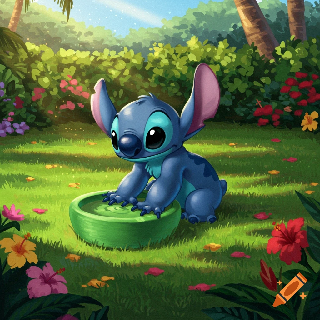 Stitch, a blue alien, plays with a green bowl in a lush, sunlit tropical garden with colorful flowers.