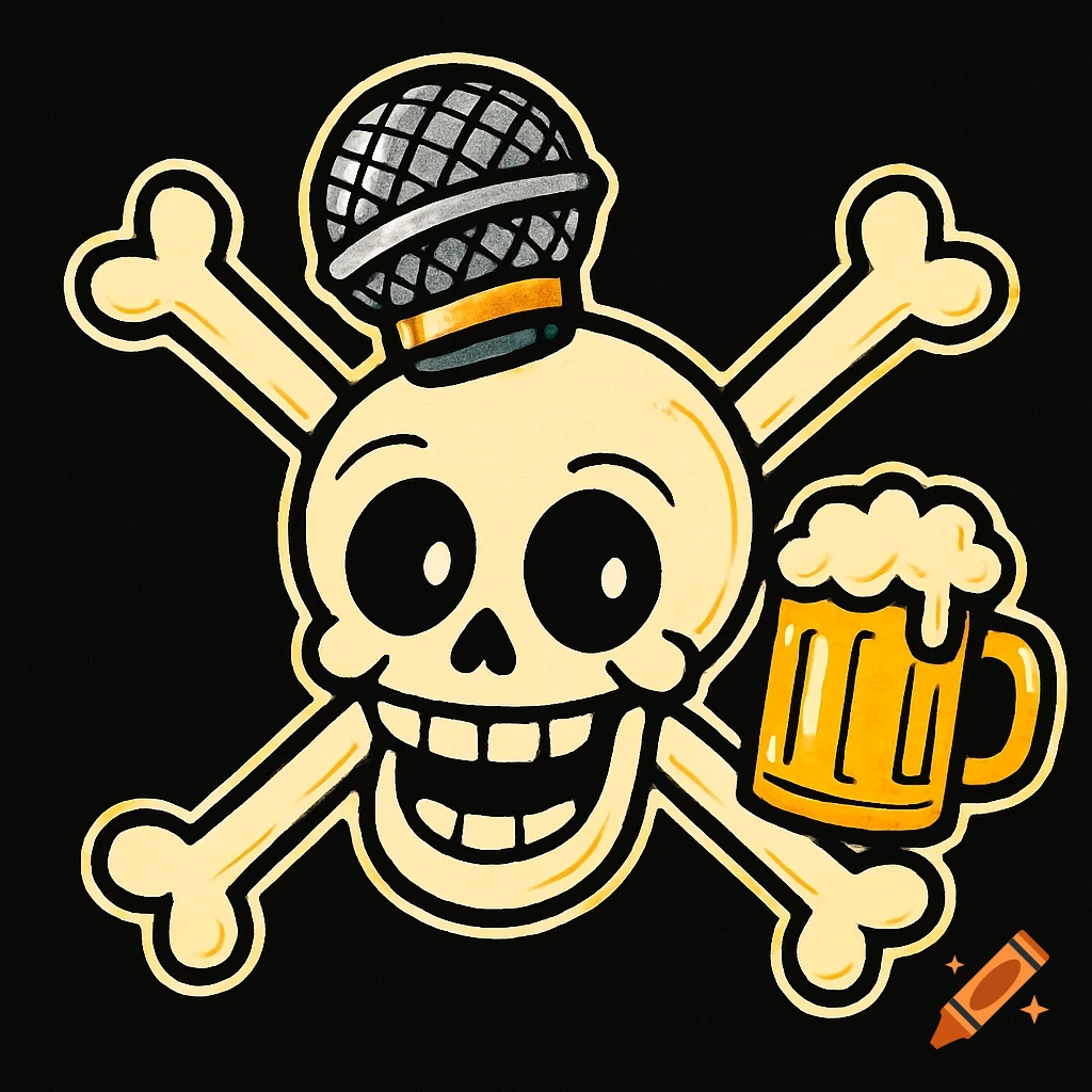 A cheerful cartoon skull and crossbones logo, with a microphone as a hat and a beer mug, on a black background.