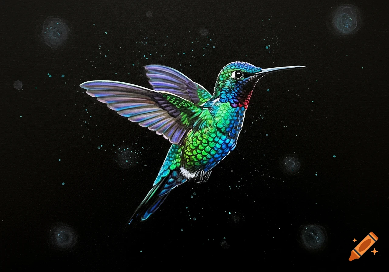A vibrant, iridescent hummingbird with green, blue, and purple feathers against a dark, sparkling background, painted in an acrylic style.