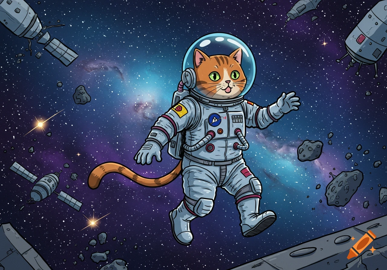 Cartoon cat astronaut floating in deep space amidst stars, nebulae, asteroids, and satellites in comic style.