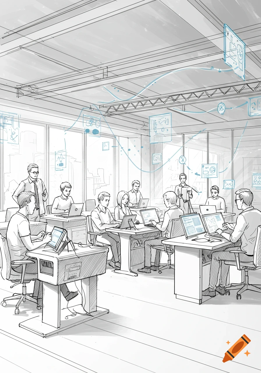 Line sketch of people working on laptops in a modern training academy with digital overlays.