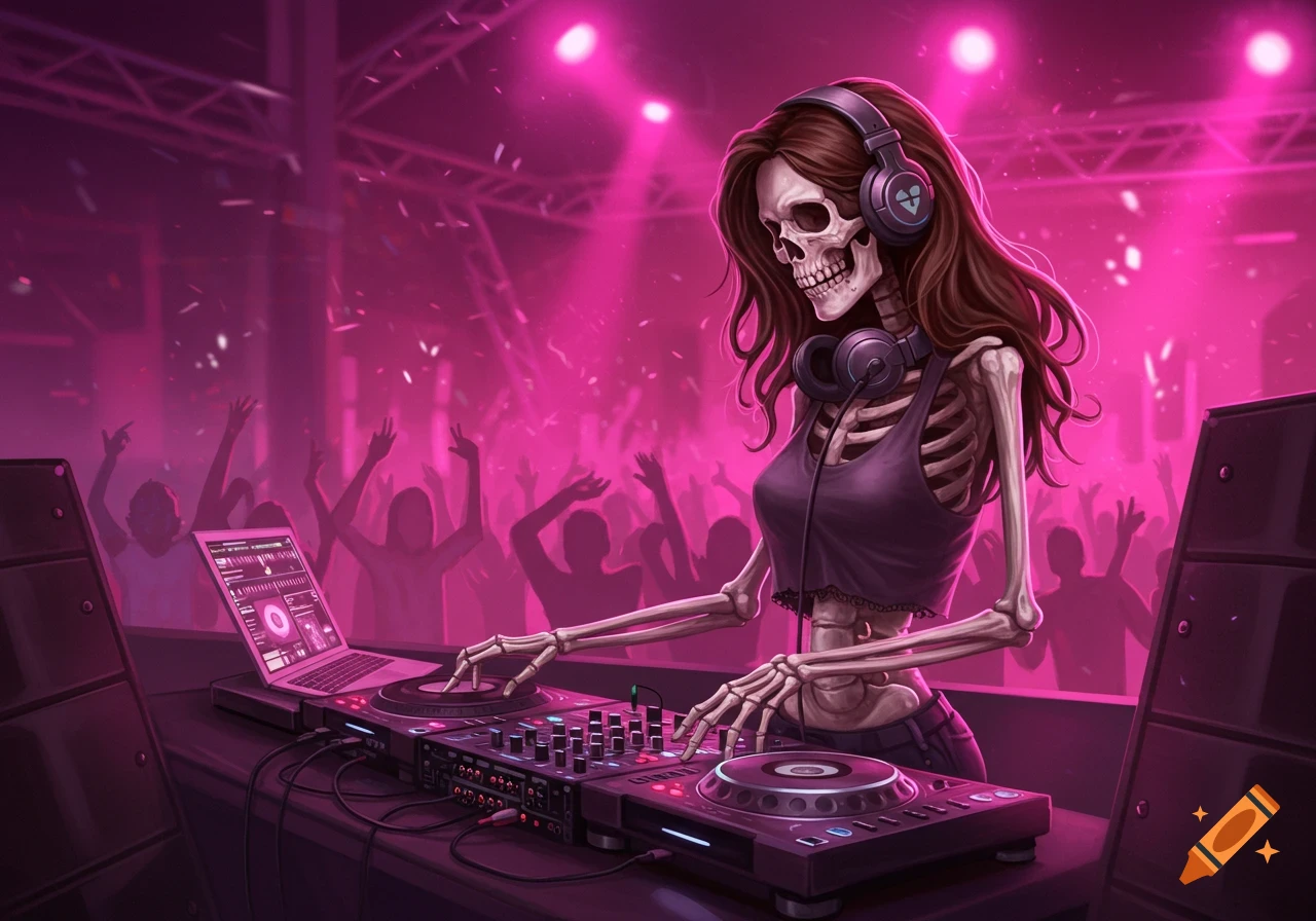 A stylized female skeleton with long brown hair and headphones DJs at a vibrant, pink-lit rave with a silhouetted crowd.