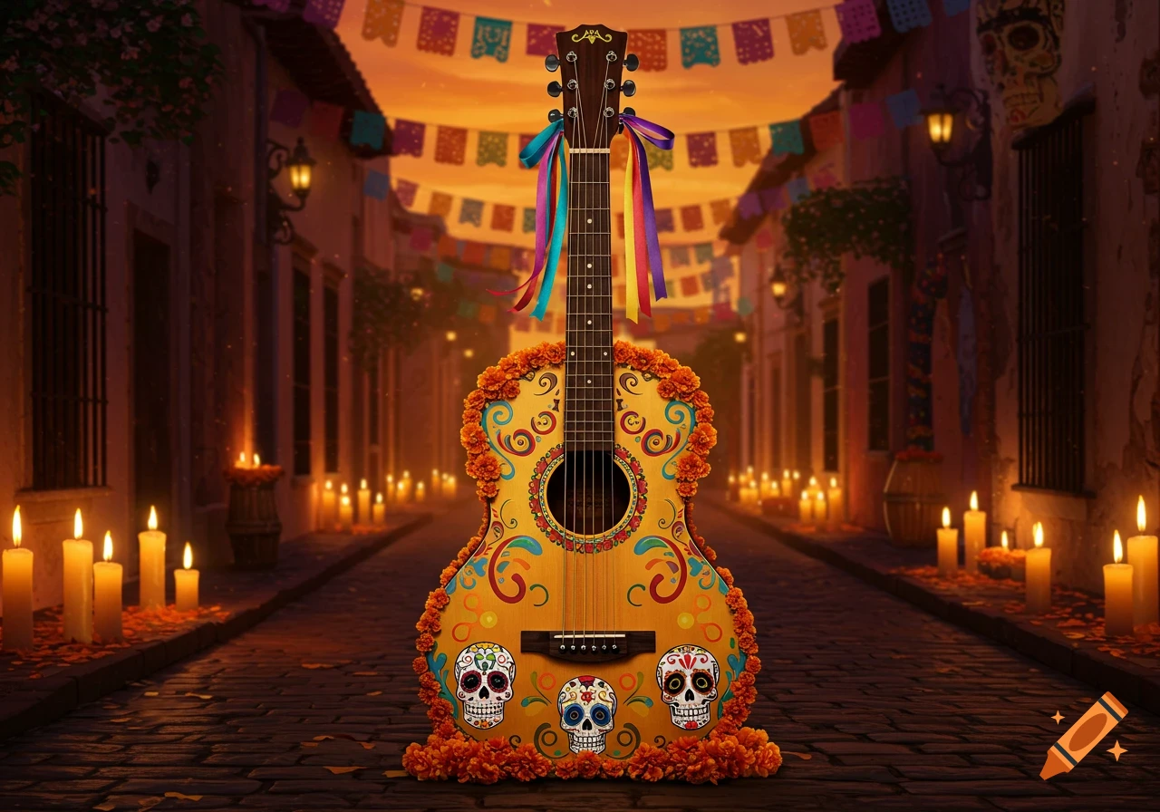 A Dia de los Muertos decorated guitar with sugar skulls and marigolds on a cobblestone street, lit by candles under festive banners.