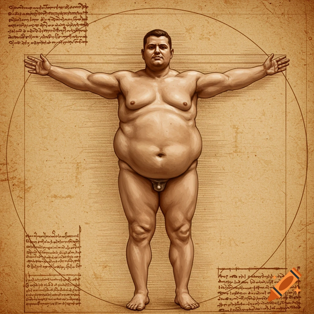 Illustration of an overweight man in the style of Leonardo Da Vinci's Vitruvian Man, with a circle and square on a parchment background.