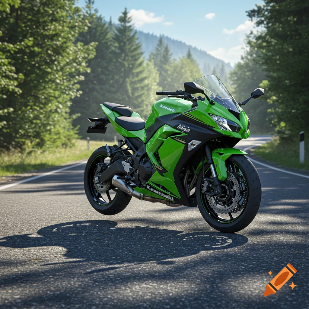 A vibrant green Kawasaki Ninja sportbike parked on a winding mountain road, surrounded by lush trees under a clear sky. Photorealistic style.