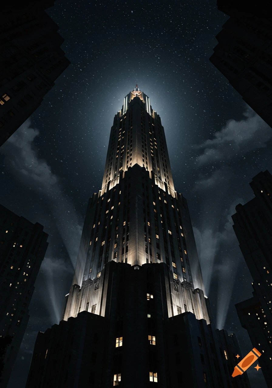 Dramatic low-angle view of a towering, illuminated Art Deco skyscraper at night, against a dark, starry sky.