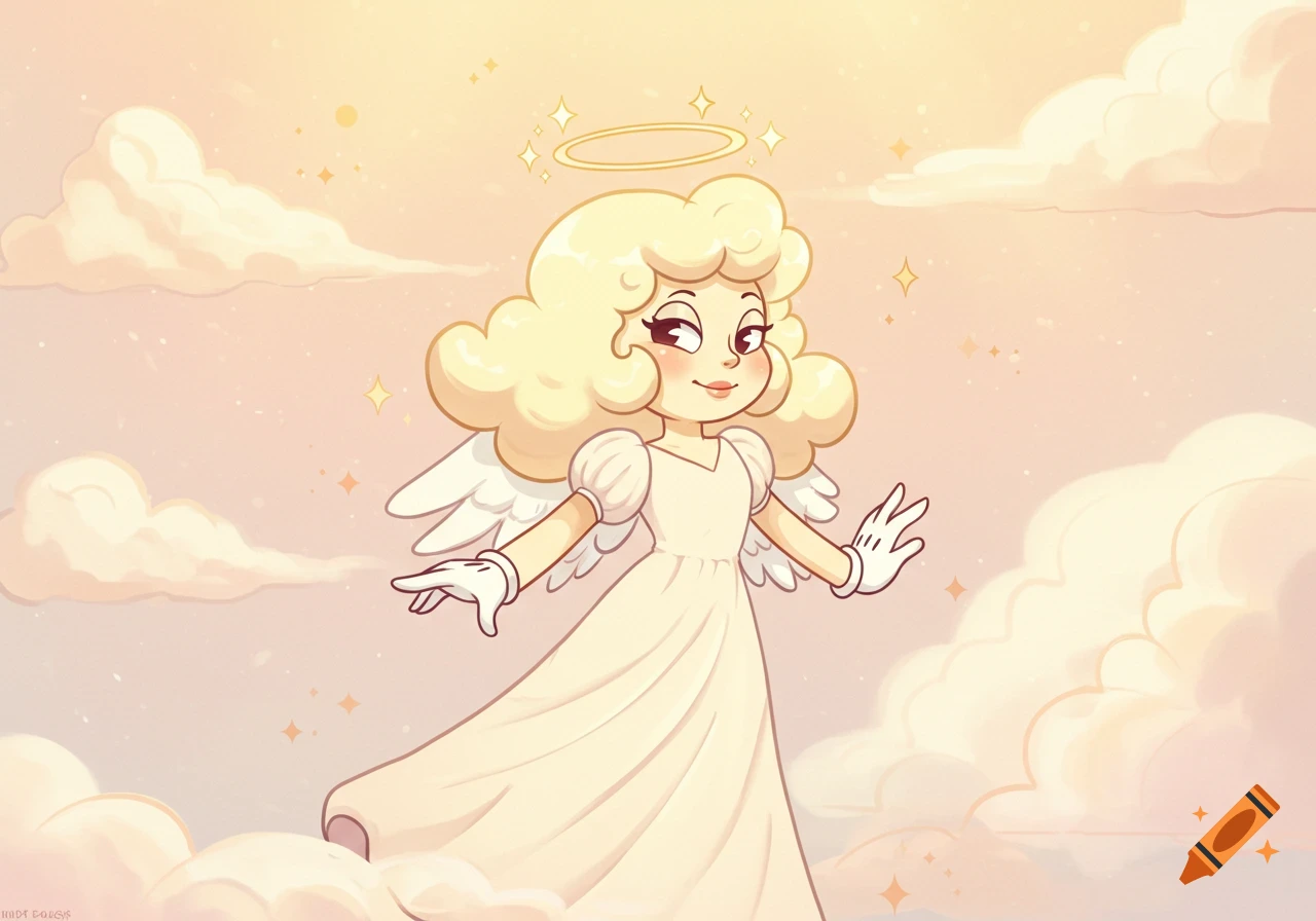 A cartoon angel with blonde curly hair, halo, white dress, and wings stands among pink clouds in a vintage animation style.