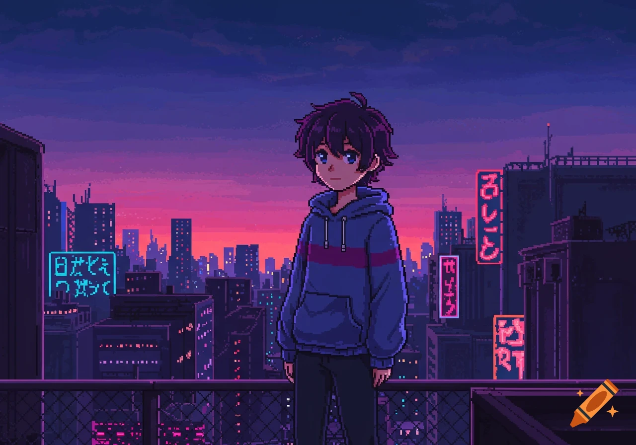 Pixel art anime boy in a blue and red striped hoodie stands on a rooftop, overlooking a neon-lit city at sunset.