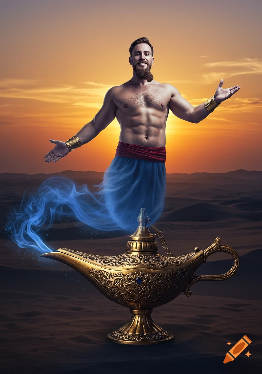 A bearded genie, shirtless, emerges from an ornate golden lamp with blue smoke in a desert at sunset.