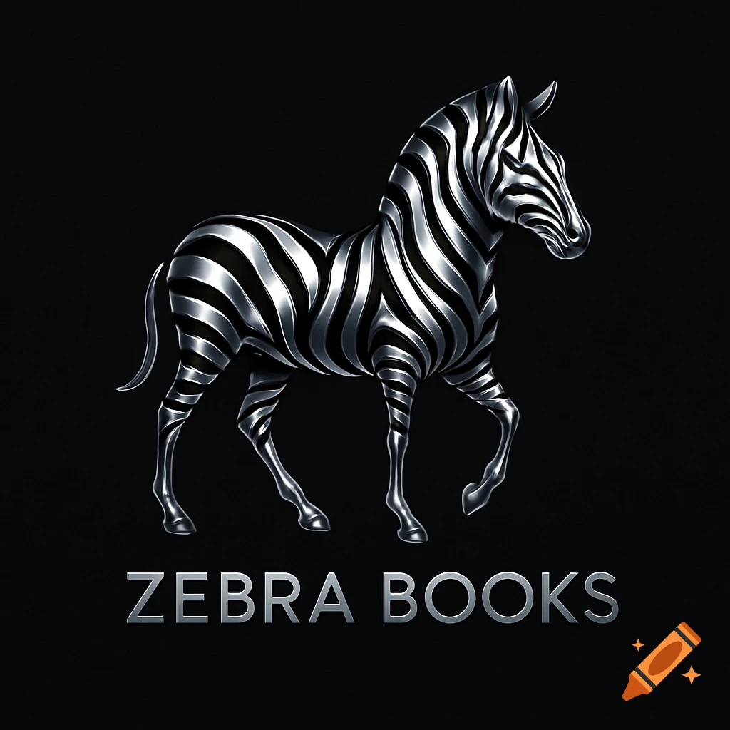 A sleek, metallic silver and black zebra logo with the text 'ZEBRA BOOKS' underneath, on a black background.