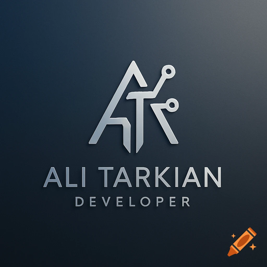 A metallic 3D logo with the stylized letters 'ATK' above the words 'ALI TARKIAN' and 'DEVELOPER' on a dark blue background.