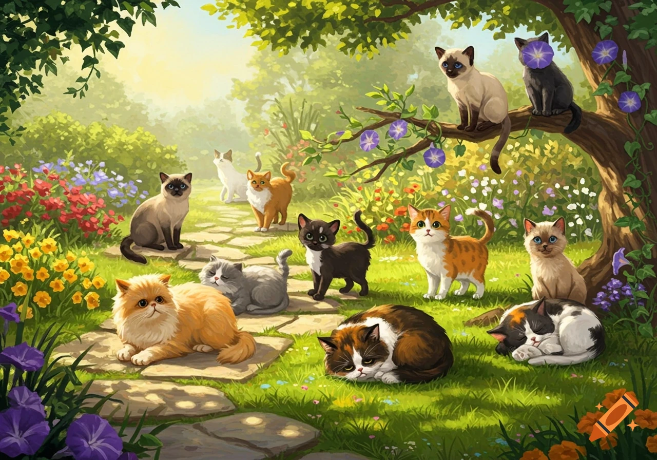 Many cute cats with varied fur colors and patterns in a lush, sunlit garden filled with colorful flowers.