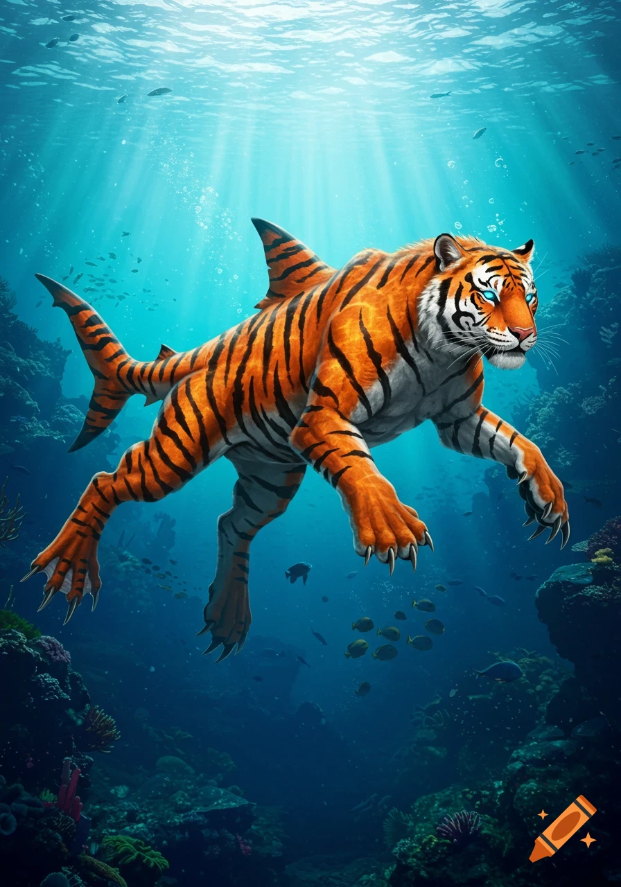 A vibrant tiger-shark hybrid with glowing blue eyes swims gracefully through a coral reef with sunlight filtering from the surface.
