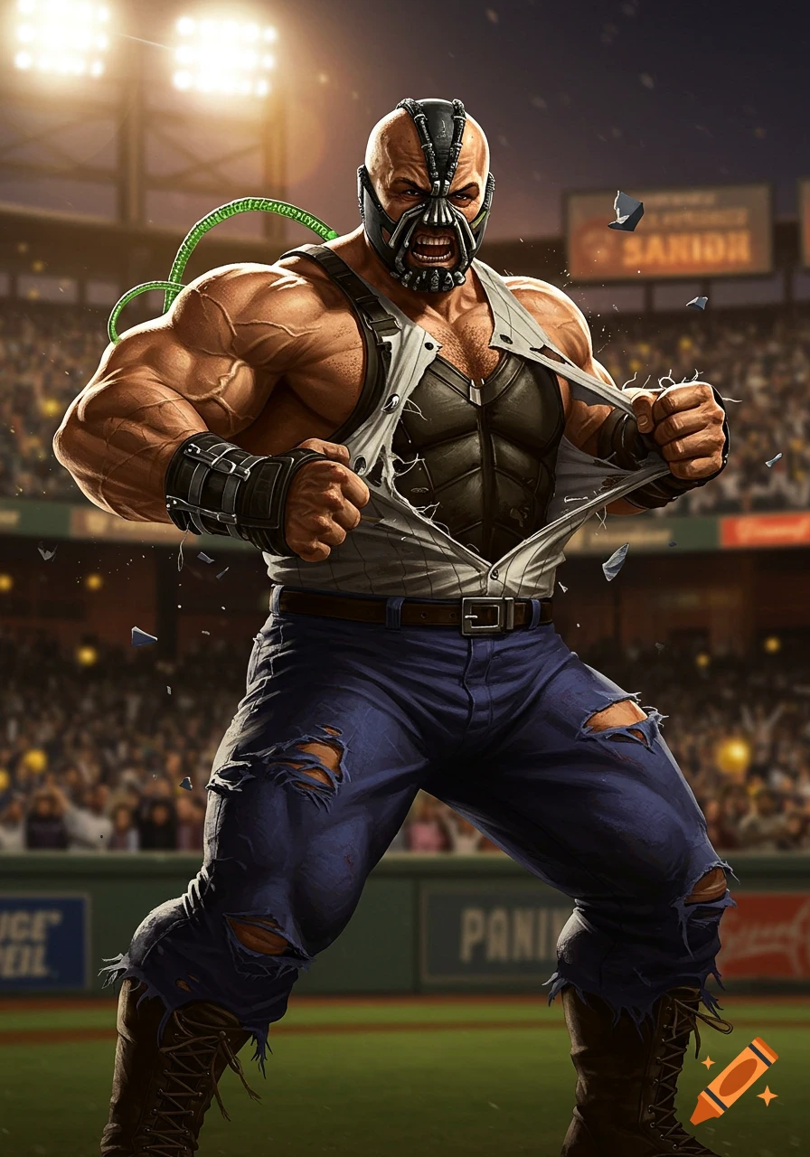 Bane, the muscular supervillain, flexes intensely as he dramatically rips his shirt in a baseball stadium.