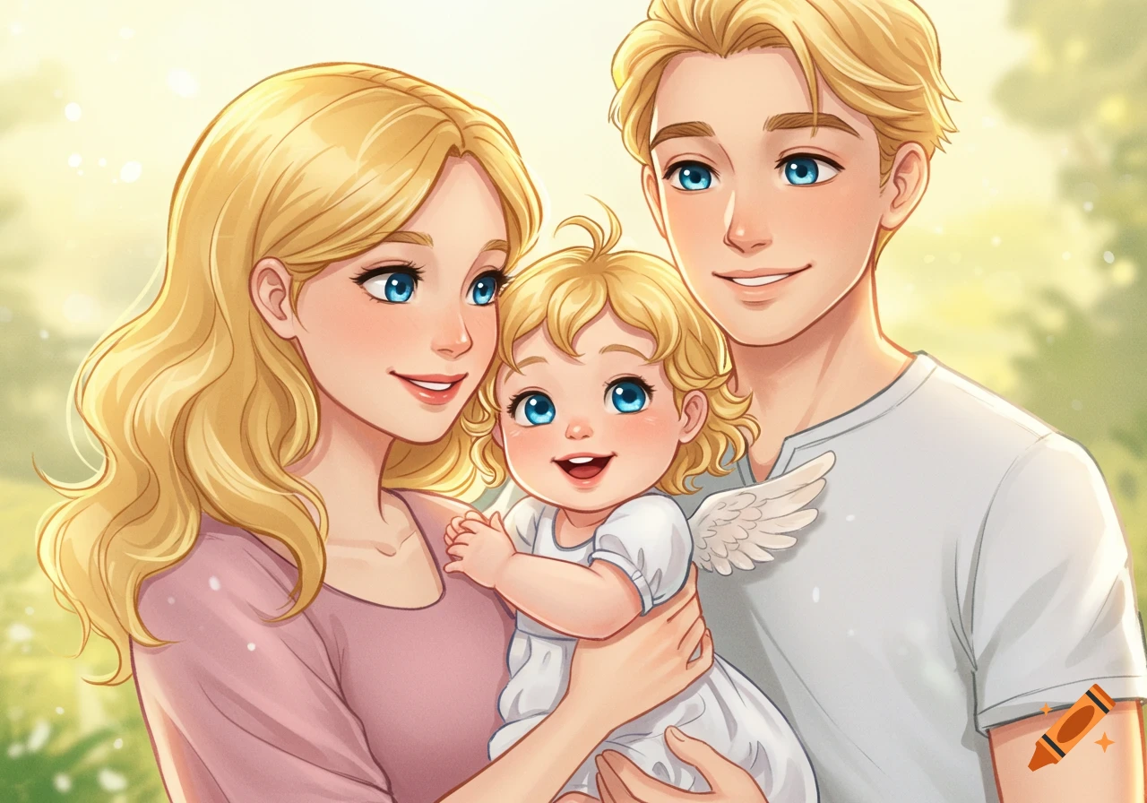 A cartoon illustration of a smiling blonde mother, father, and their baby with small wings, against a warm, soft background.