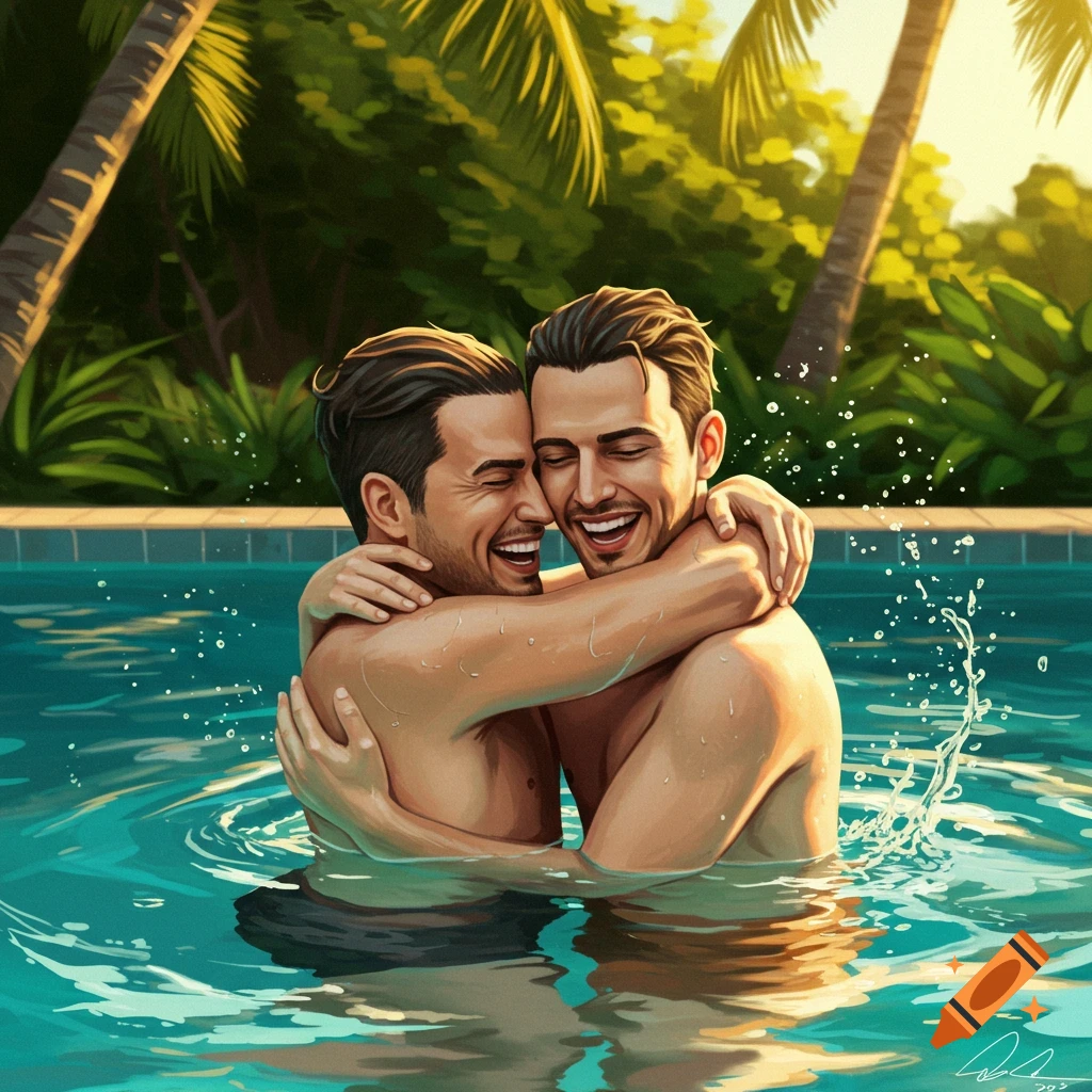 Stylized illustration of two men hugging and laughing in a swimming pool with palm trees in the background.