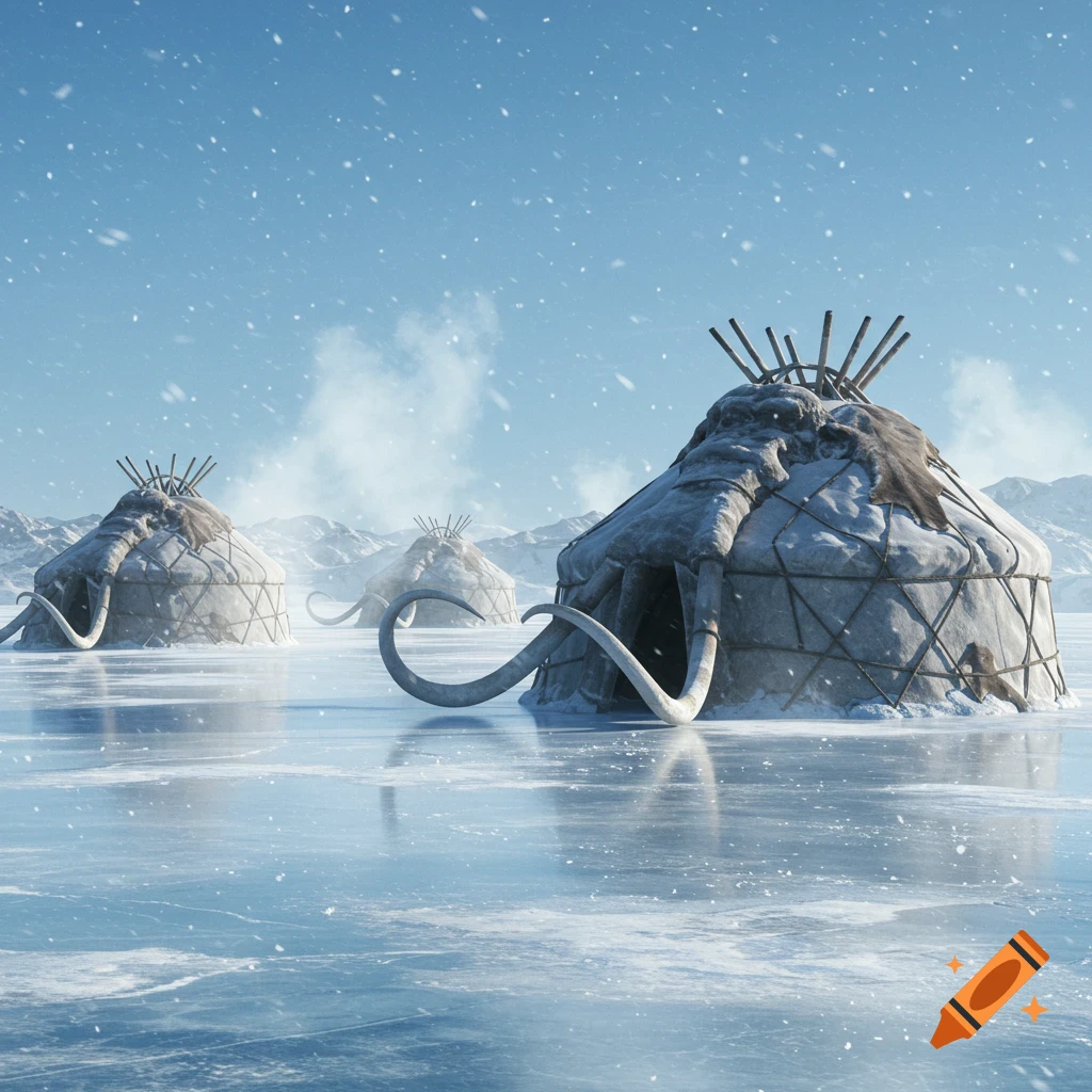 Dome-shaped dwellings with mammoth tusks on a frozen lake with falling snow and distant mountains.