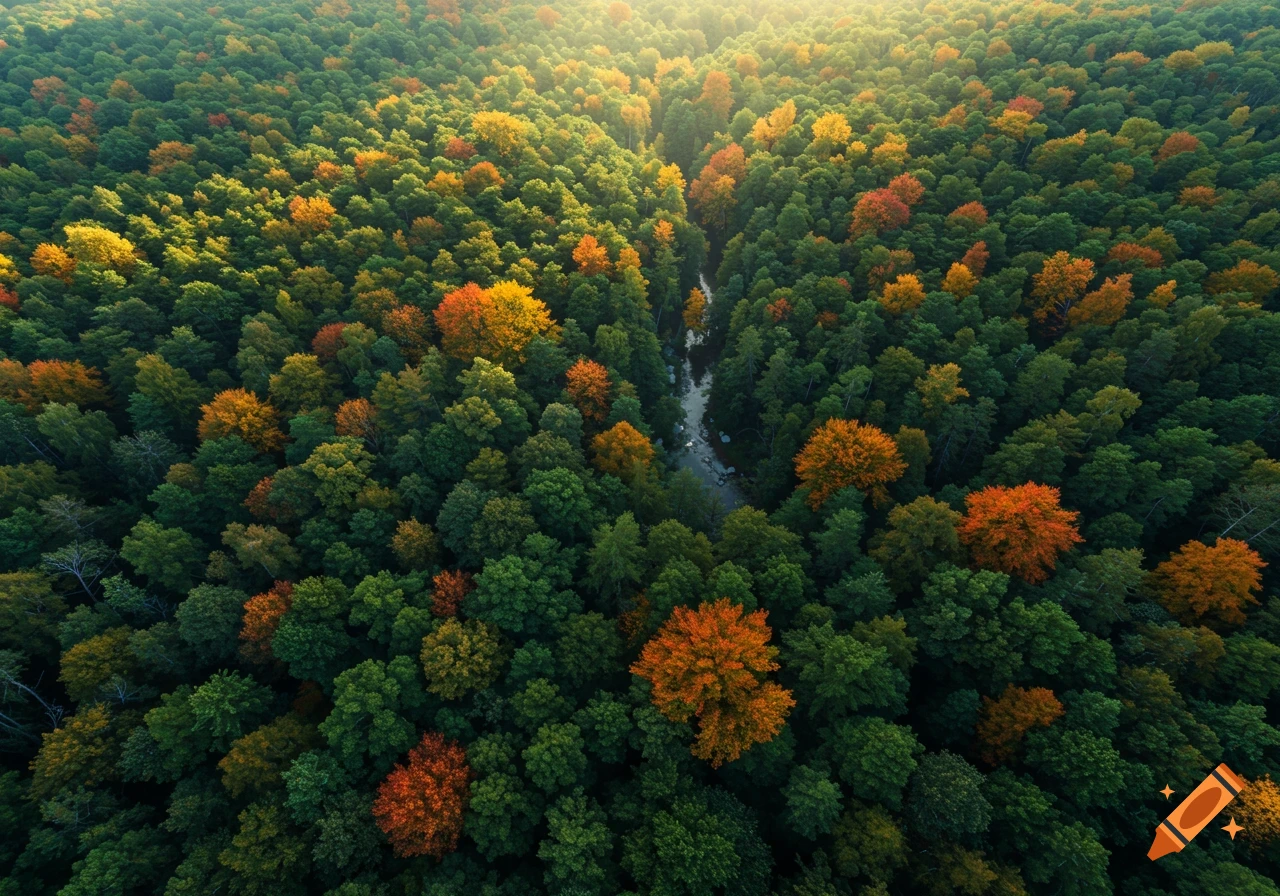 Photorealistic aerial view of a dense forest with green and autumn-colored trees, and a winding stream.