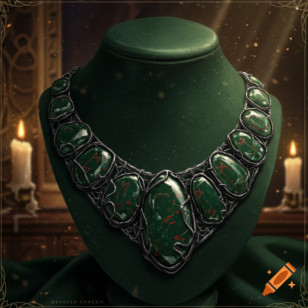 A large dark green bloodstone necklace with red runic symbols, displayed on a green velvet bust in a dimly lit, ornate room with candles.