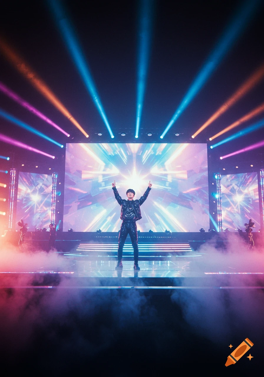 A performer on a brightly lit stage with their arms raised, surrounded by colorful spotlights, smoke, and abstract patterns on large screens.
