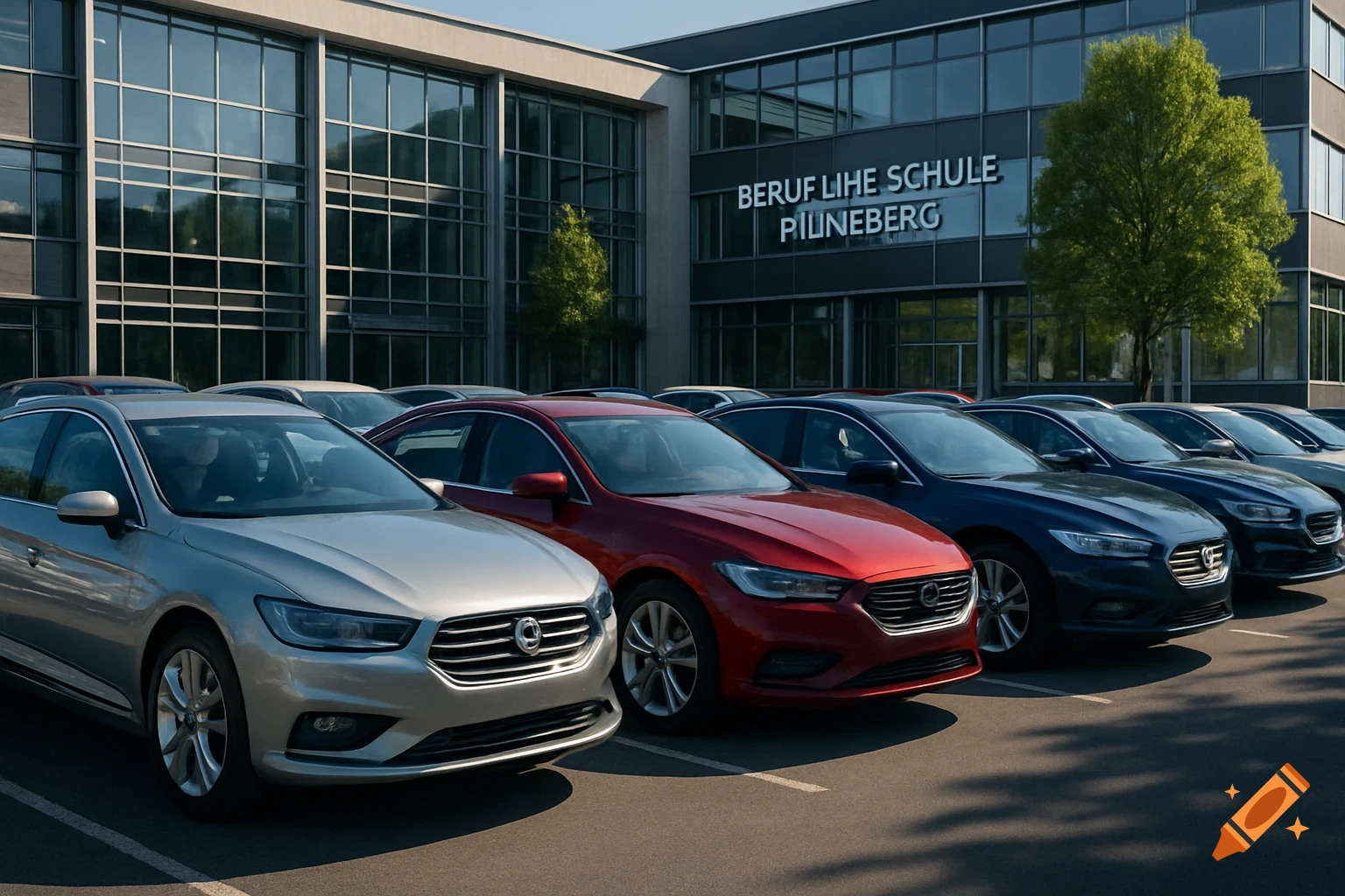 A line of cars, including silver, red, and blue sedans, parked in front of a modern glass-fronted building with text on it.