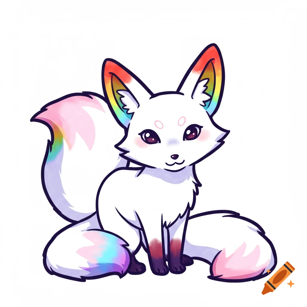 A cute cartoon white fox with rainbow-colored ears and tail sits on a white background.