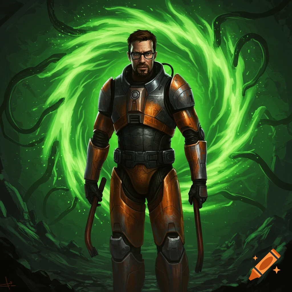 Gordon Freeman in an orange and gray suit, holding a crowbar, stands before a swirling green portal, digital art.