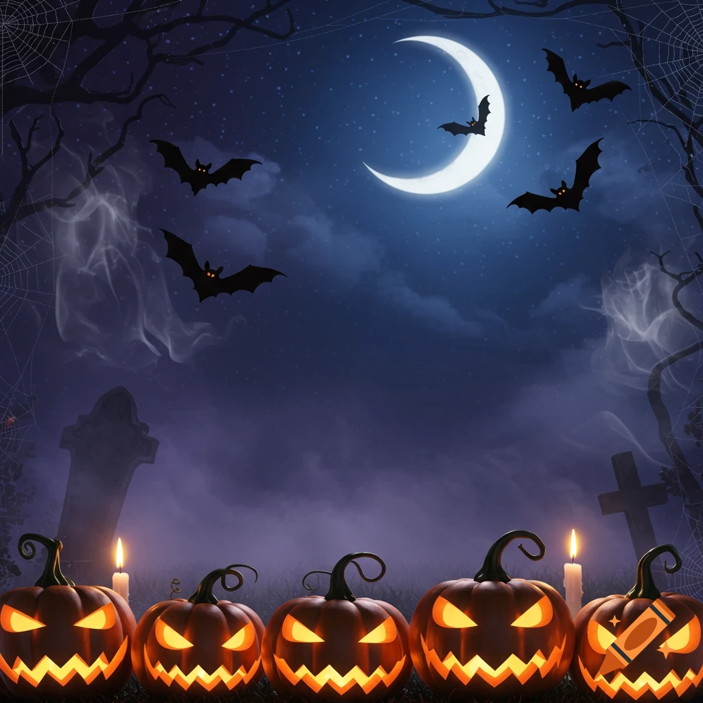 A Halloween night scene with five glowing jack-o'-lanterns, bats flying under a crescent moon, spooky trees, and gravestones.