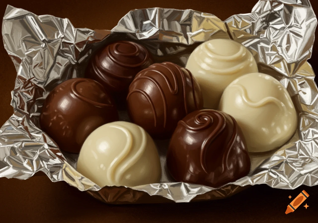 A close-up of various dark, milk, and white chocolate truffles nestled in a crinkled silver foil wrapper.